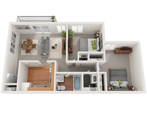 Floor plan for 2 beds, 1 bath, 748 sqft